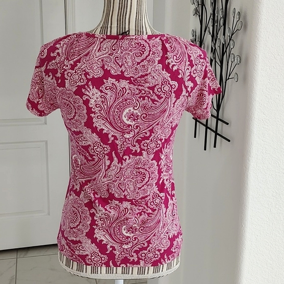 New Talbots Magenta & White Paisley Print Scooped Neck Short Sleeve Top Small P - Picture 5 of 7